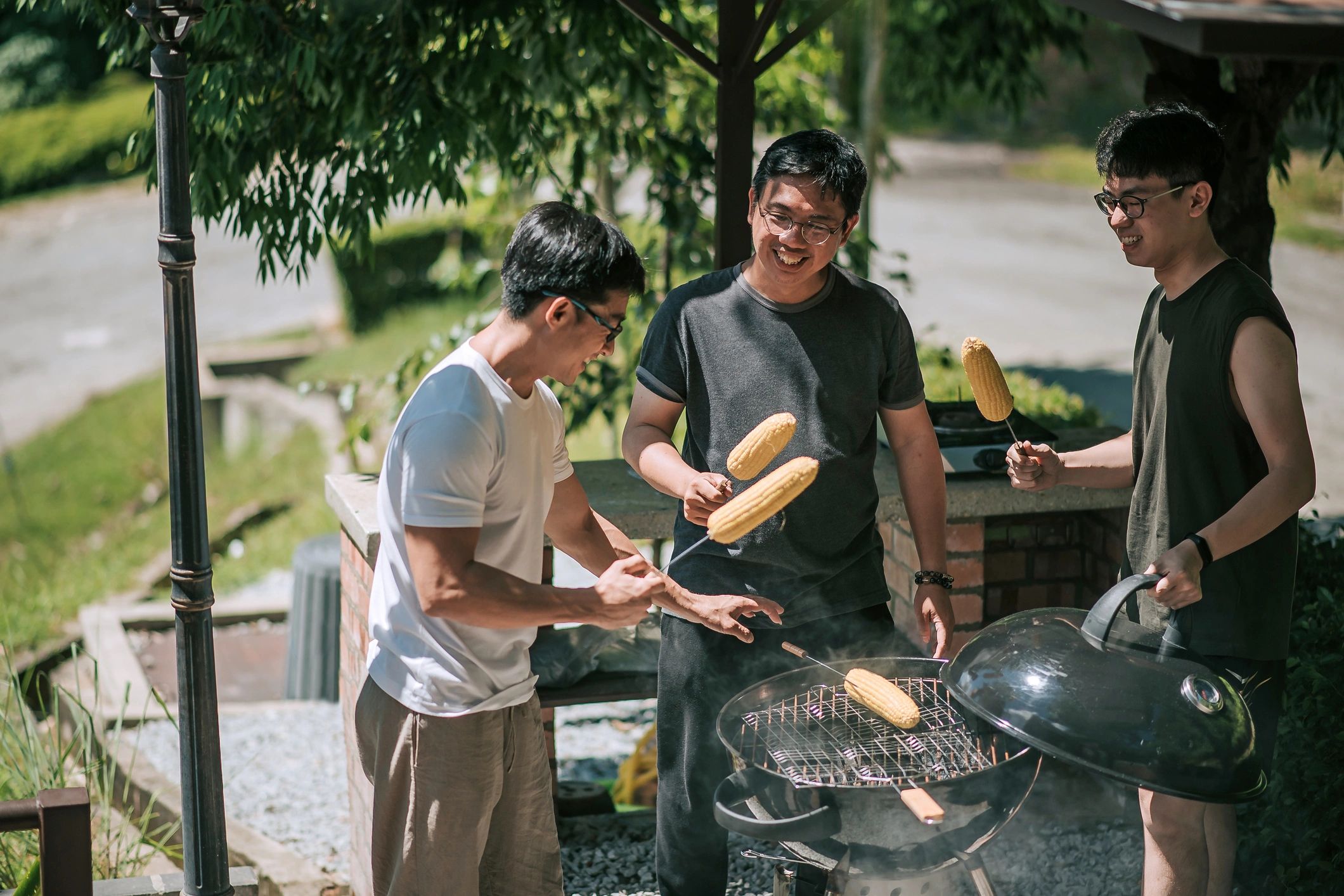 Happy guests at a catered BBQ event